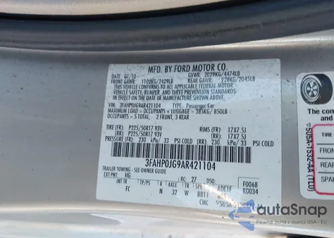 2010 Ford Fusion Sel z USA, uszkodzony, nr VIN 3FAHP0JG9AR421104